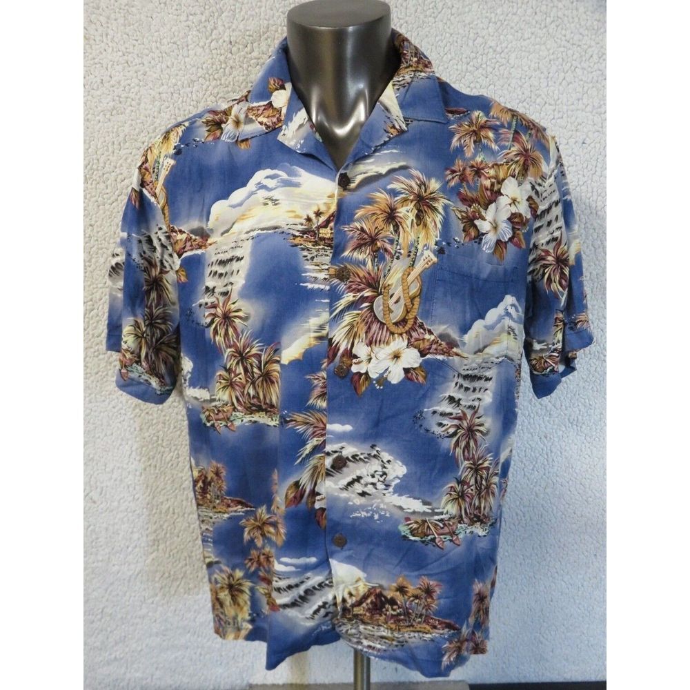 Mens Hilo Hattie Hawaiian Short Sleeve Button Front Shirt Size L‎ Floral Guitar
